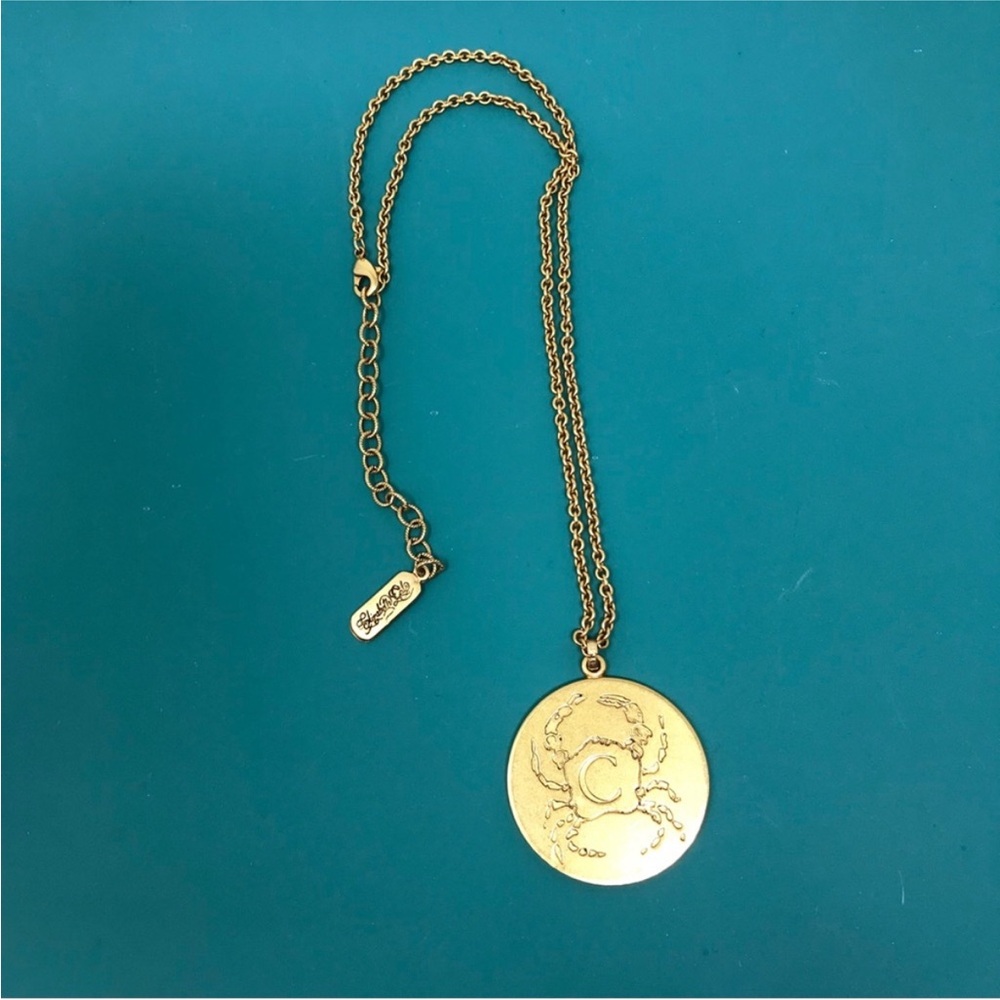 Elizabeth Cole Vintage Gold Tone Cancer Zodiac Medallion Necklace